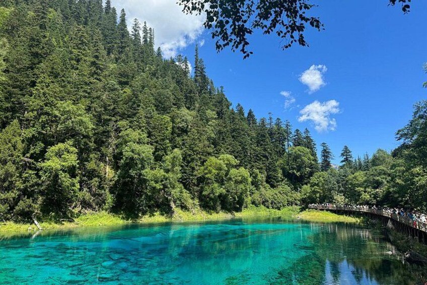 Un lac d’un bleu profond, entouré d’une forêt dense, un pont et un ciel dégagé. 2