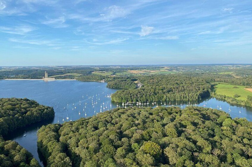 A lake surrounded by dense forest, a dam, and numerous boats. 5