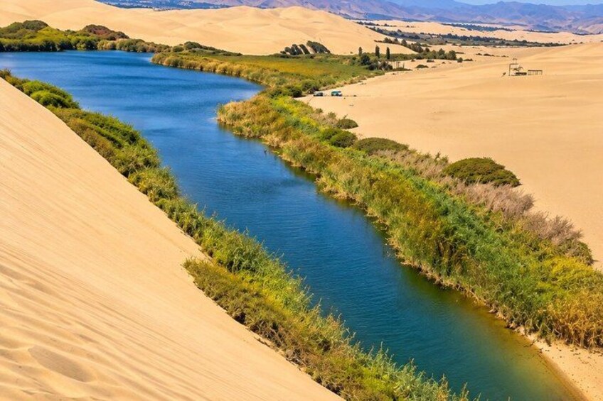 A river winding through a desert landscape with sand dunes and sparse vegetation. 5