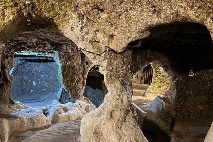 A cave with multiple openings, some covered with metal sheets, and a ladder leading into the cave. 2