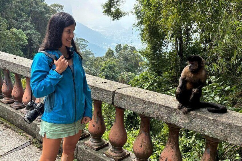A person standing on a stone balustrade with a monkey sitting on it. 3