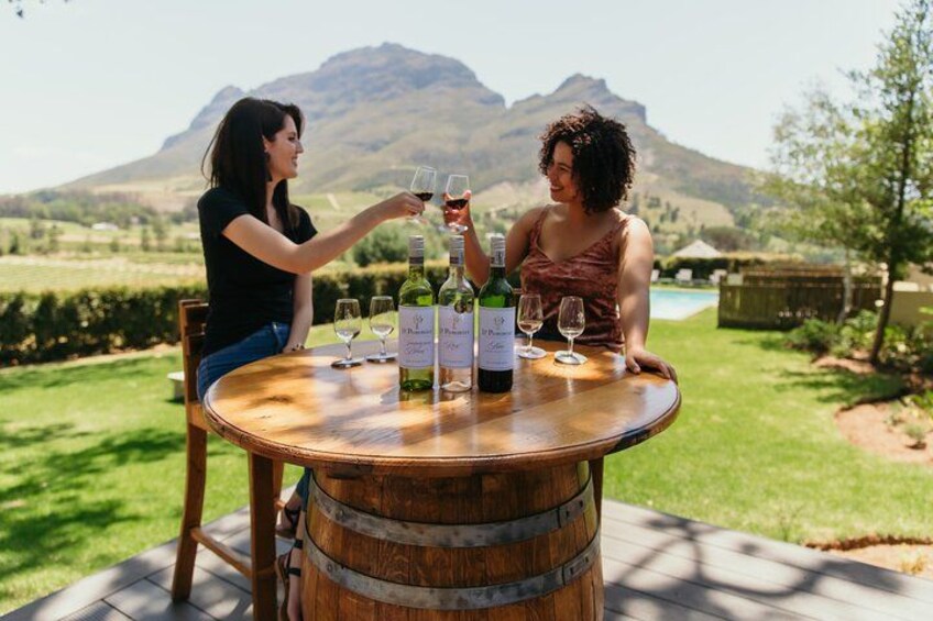 Dos personas brindando con copas de vino en una mesa de barrica de madera al aire libre, con montañas al fondo. 3