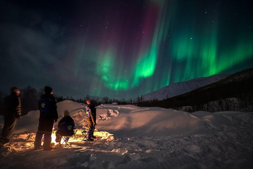 Un groupe de personnes observant les aurores boréales dans un paysage enneigé. 4