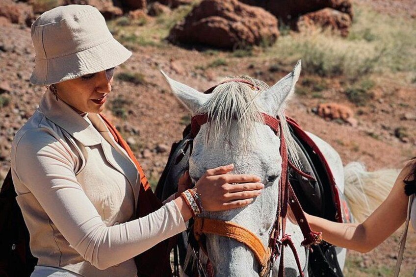 A person interacting with a horse in a rocky outdoor setting. 2