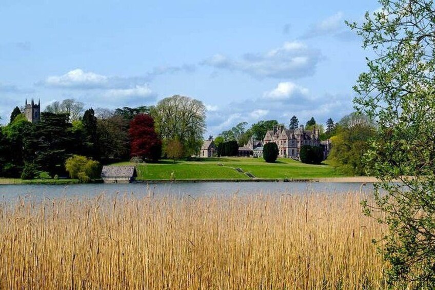 Un lago con juncos altos, una iglesia y una gran propiedad con una torre. 1