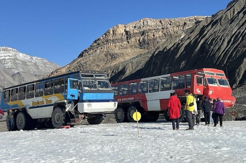 Twee bussen staan op een besneeuwde berg, omringd door mensen. 1