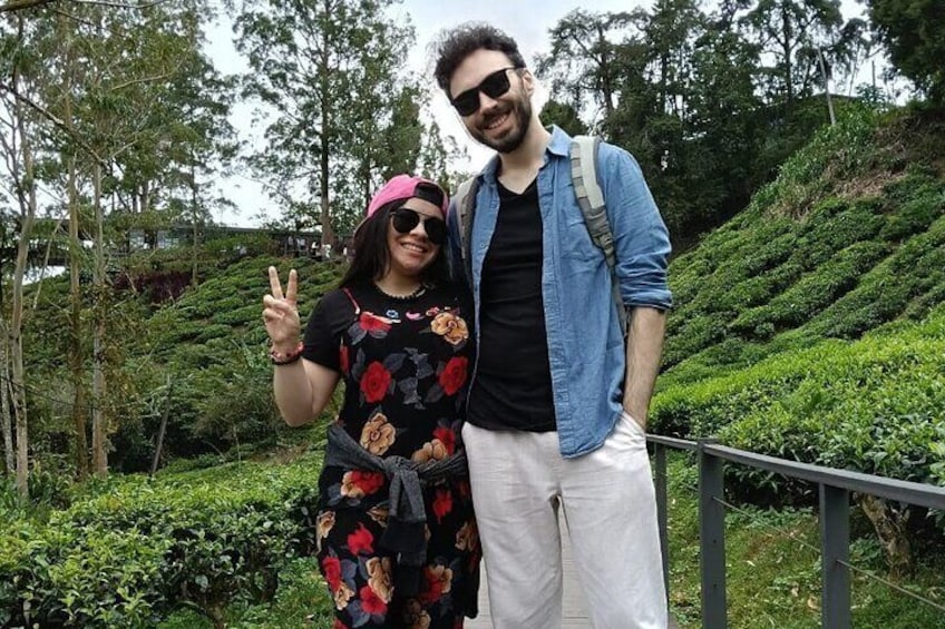 Two people standing on a terrace with a view of a tea plantation. 4