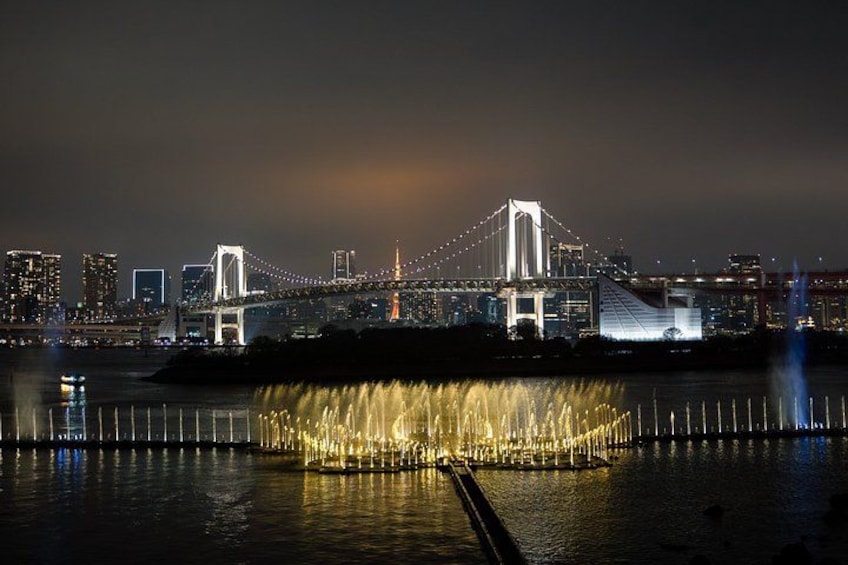 A nighttime cityscape with a prominent bridge and illuminated water fountains. 5