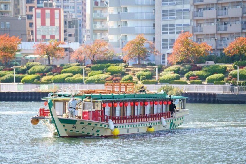 A traditional boat with green and white stripes, red lanterns, and passengers, moving through a waterway with buildings and trees in the background. 4