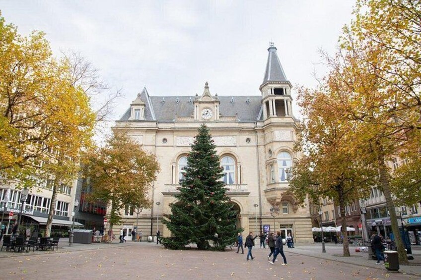 A historic building with a clock tower, surrounded by autumn trees and a large Christmas tree. 5