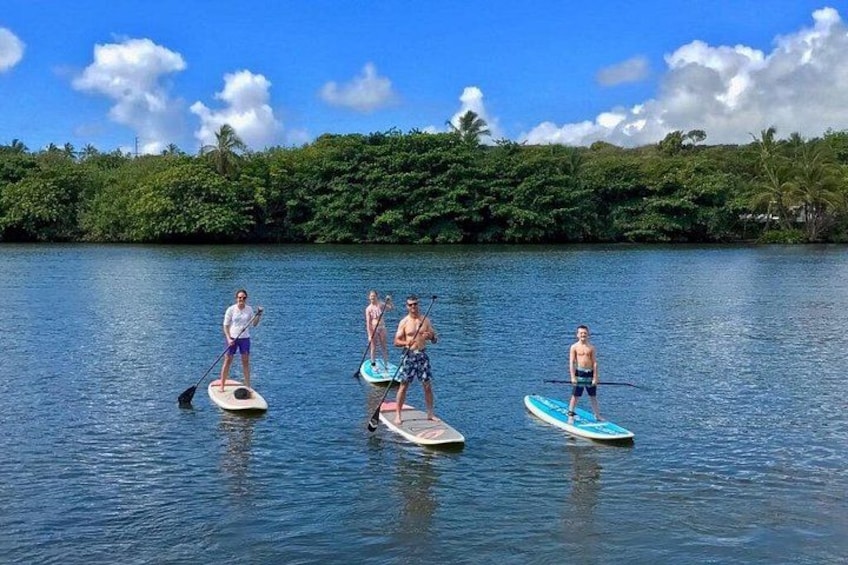 Three people paddleboarding on calm water with a tropical landscape in the background. 3