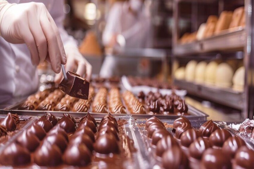 A person handling chocolate-covered confections in a bakery. 1