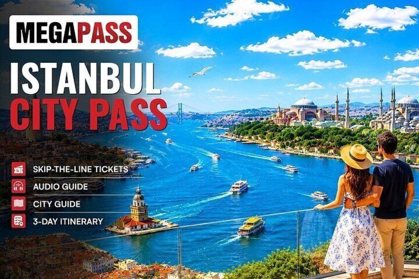 A city pass for Istanbul, featuring a view of the Bosphorus strait with boats, a bridge, and historic buildings. 1