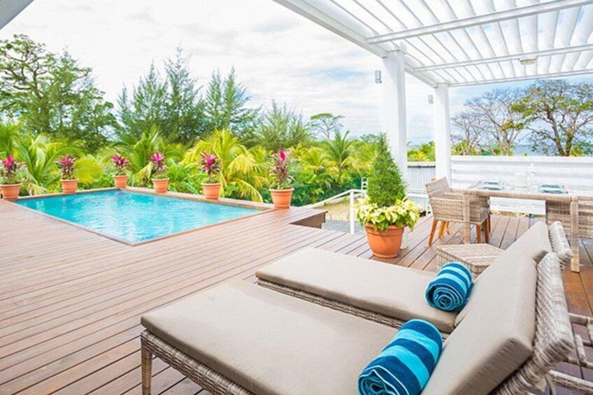A wooden deck with a pool, lounge chairs, and potted plants. 3