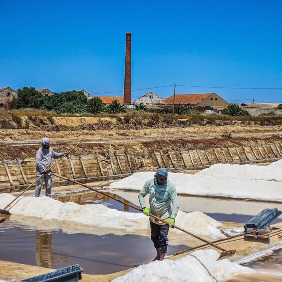 Two workers in a salt evaporation pond, using tools to manage the salt and water. 3