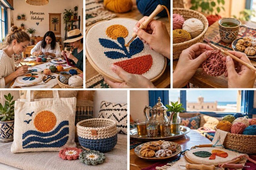Un ensemble d’activités variées, comprenant du crochet, une décoration sur le thème du Maroc et une table où sont disposés divers objets. 2