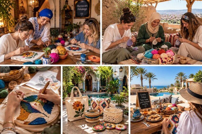 Des personnes, plongées dans des activités créatives, sont assises autour d’une table, entourées de pelotes de laine colorées et de crochets, avec une vue pittoresque sur une piscine et des palmiers en arrière-plan. 5