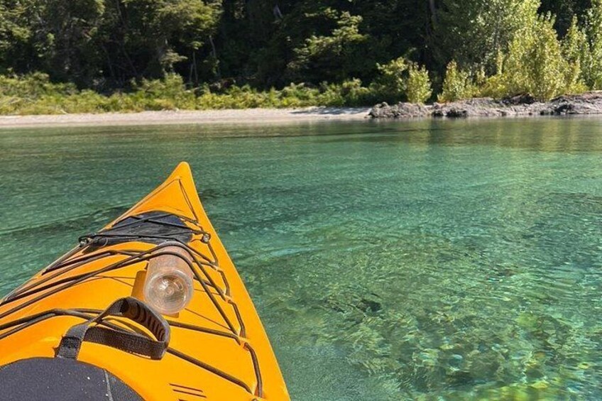 Un kayak amarillo sobre aguas claras con una orilla boscosa al fondo. 4