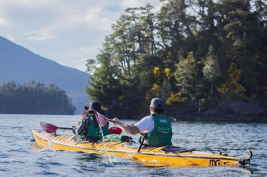 Dos personas kayakando en un lago tranquilo con árboles y montañas al fondo. 5