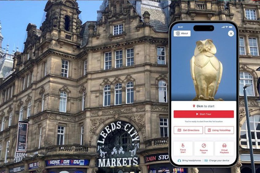 A historic building with ornate architecture, a golden owl statue, and a smartphone displaying a map. 1