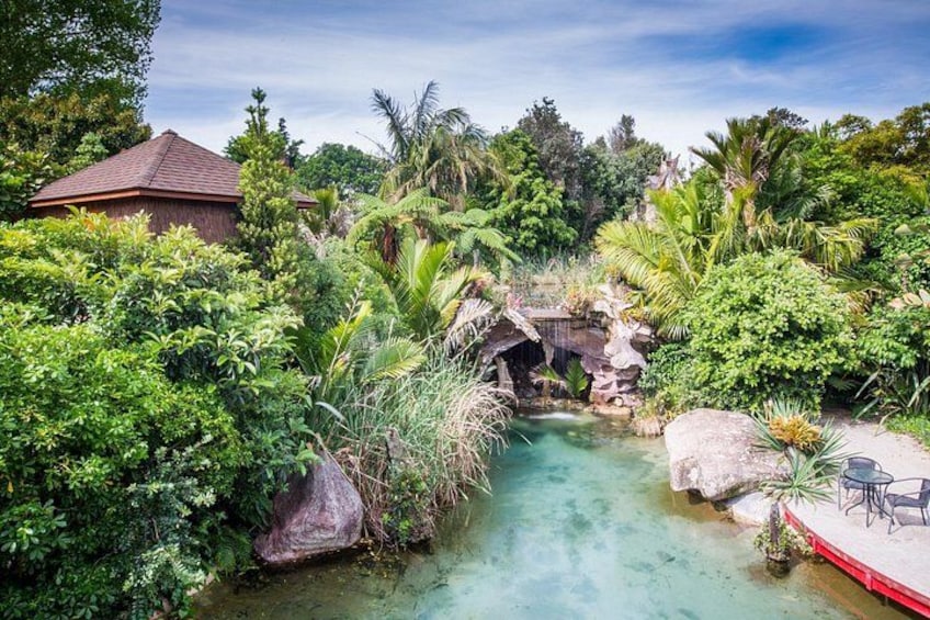 A tropical garden with a pond, a small bridge, and a red-roofed building. 4