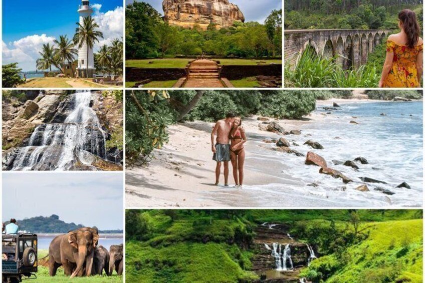 A lighthouse, a waterfall, a bridge, a beach with people, elephants, and a lush green landscape. 1