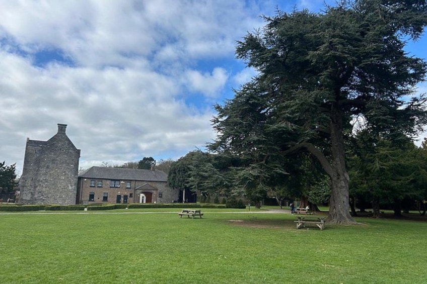 A historic stone building, a large tree, and a grassy field. 2