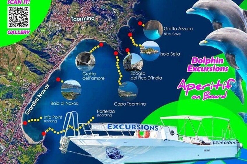 A map of a coastal area with labeled locations and a boat. 4