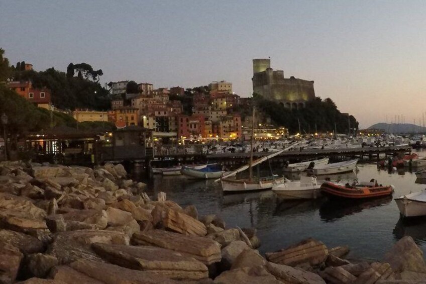 A coastal town with a historic castle, boats docked at the marina, and colorful buildings along the waterfront. 2