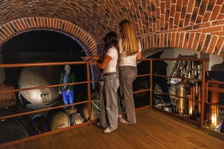 Two people observing a large metal tank and various equipment in a brick-walled room. 3