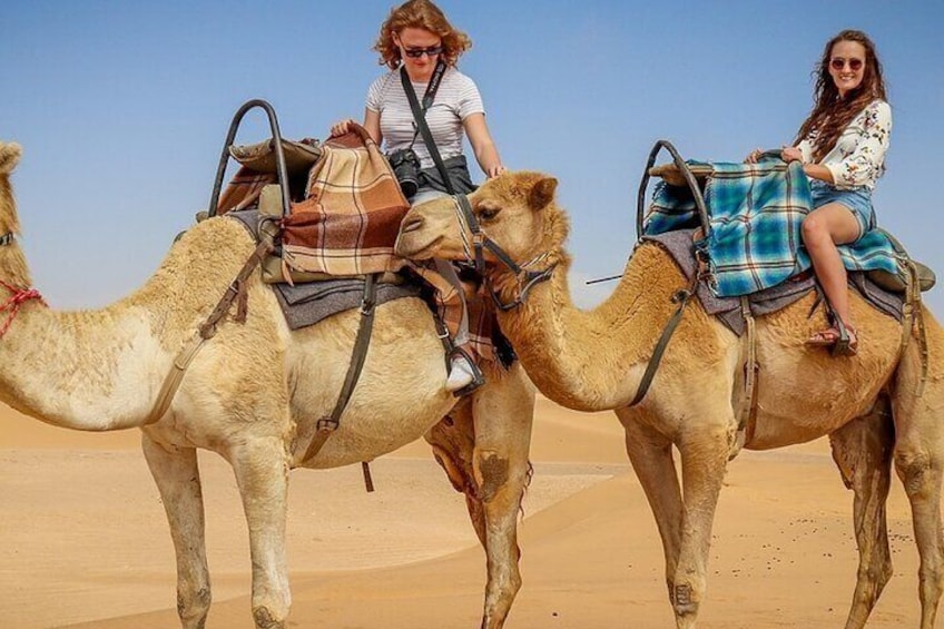 Two people riding camels in a desert. 3