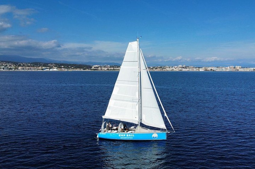 A sailboat with a white sail on a calm body of water. 2