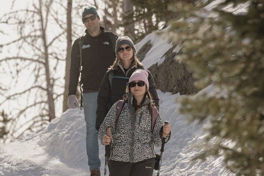 Una persona caminando por un sendero nevado con una mochila y un bastón de senderismo. 2