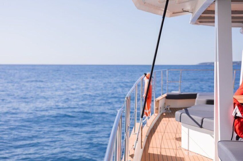 A boat deck with a railing, a lifebuoy, and the ocean in the background. 5