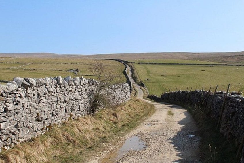 A narrow rural road flanked by stone walls, leading through a green field. 1
