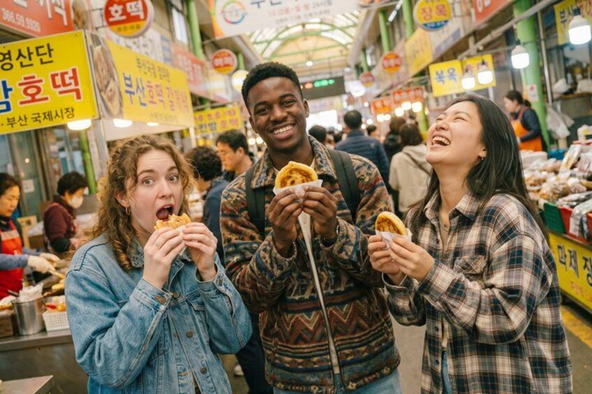Een levendige overdekte markt, waar mensen eten en verkopers hun waren aanbieden. 5