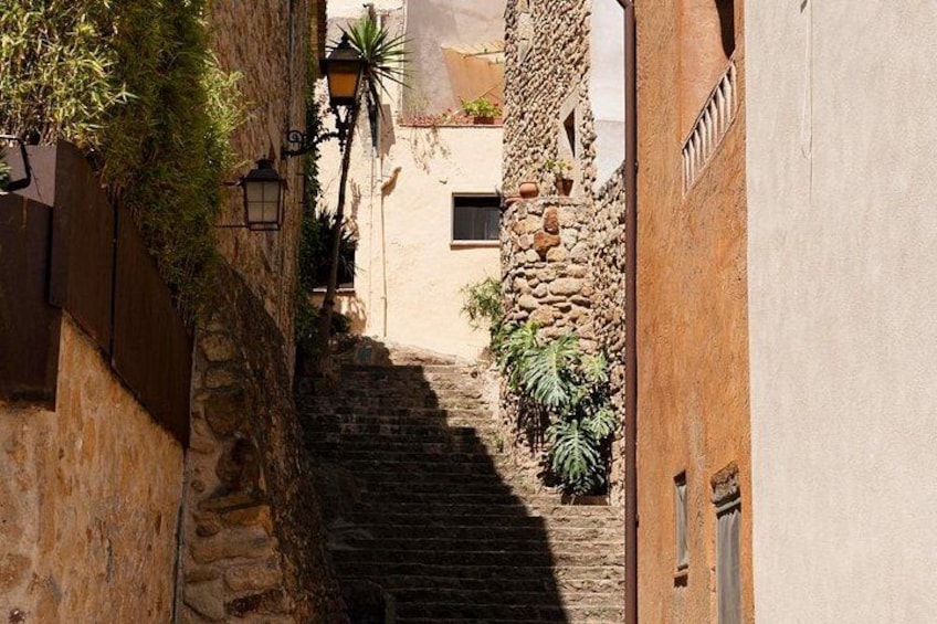 A narrow alleyway with stone steps, a lamp post, and potted plants. 5
