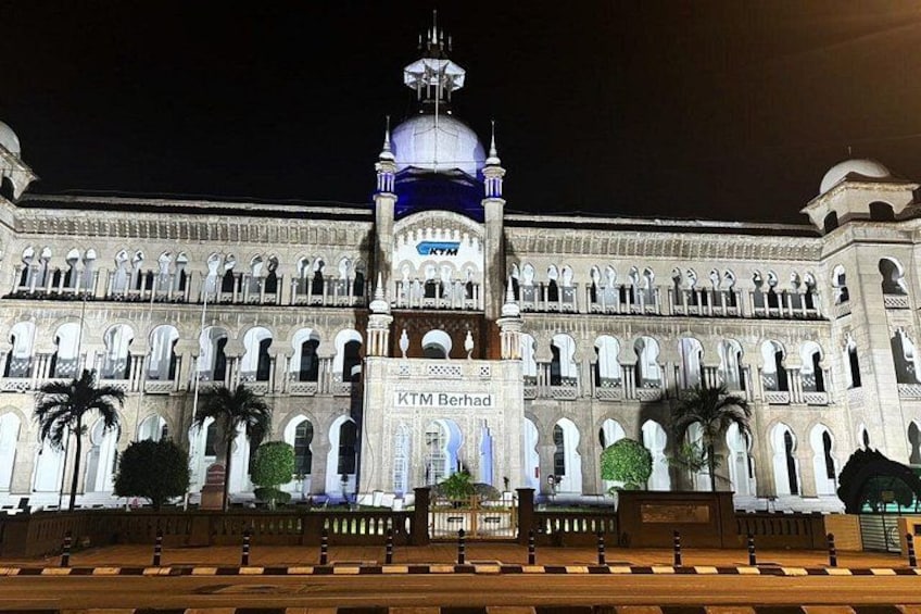 A large, illuminated building with a prominent dome and minarets, labeled 'KTM Berhad'. 3