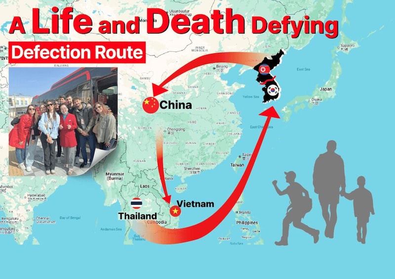 A map with a red route labeled 'Defection Route' starting from China, passing through Vietnam, and ending in Thailand. 4