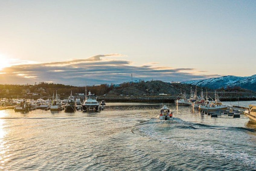 A harbor with boats docked, calm water, and a mountainous landscape in the background. 2
