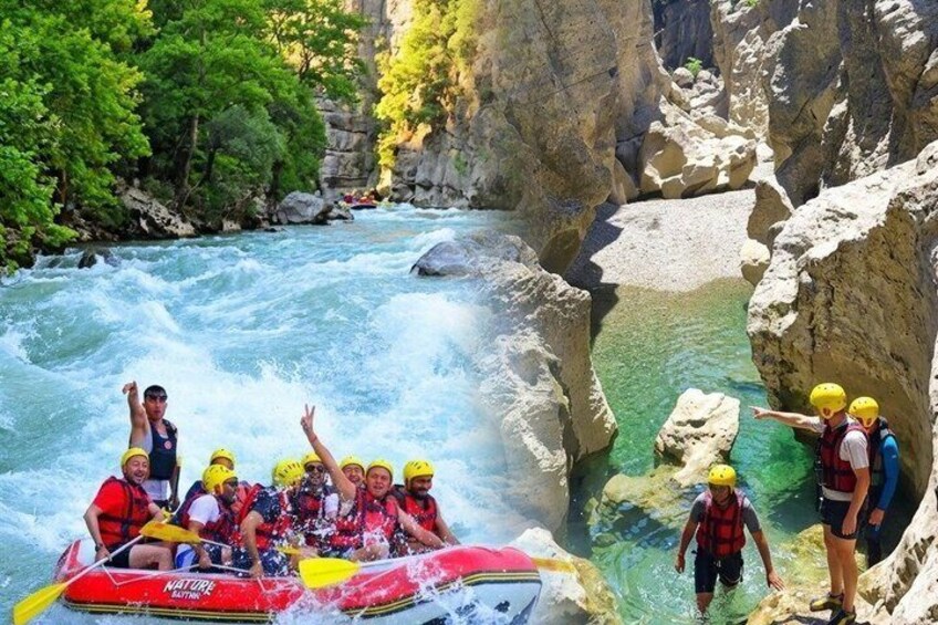 Un gruppo di persone che fanno rafting su un fiume, circondato da imponenti pareti rocciose. 1