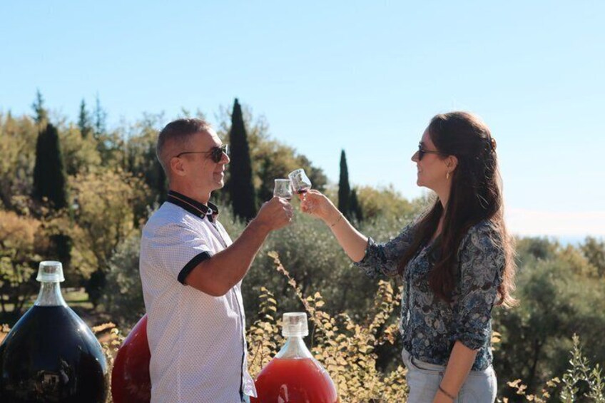 Two people toasting with glasses in a vineyard. 1