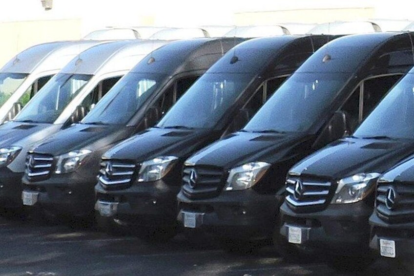 Una fila de furgonetas negras Mercedes-Benz estacionadas. 2