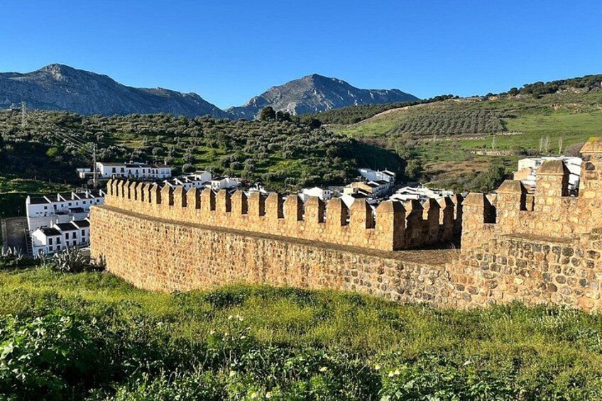 A stone wall with battlements, a white building, and a mountainous landscape. 3