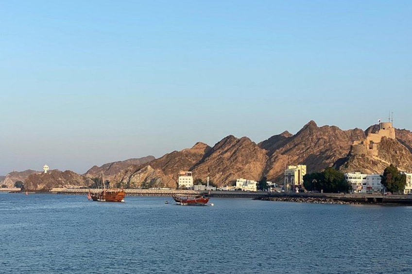 A coastal cityscape with mountains, boats, and buildings. 5