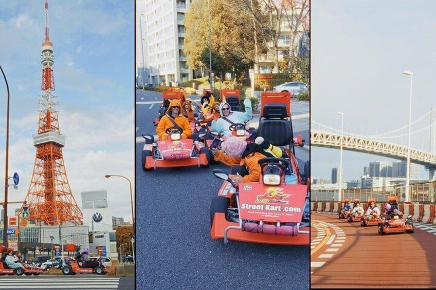 A tower, a street with people in go-karts, and a bridge. 2