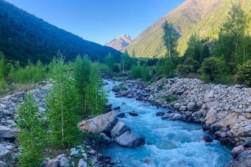Une rivière qui traverse un paysage montagneux, avec des arbres verdoyants et un terrain rocheux. 4