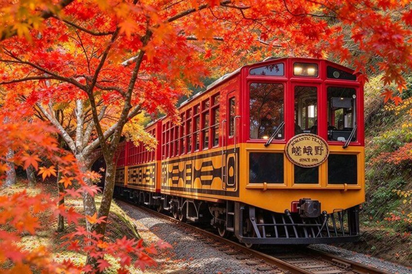A red and yellow train on tracks surrounded by autumn foliage. 1
