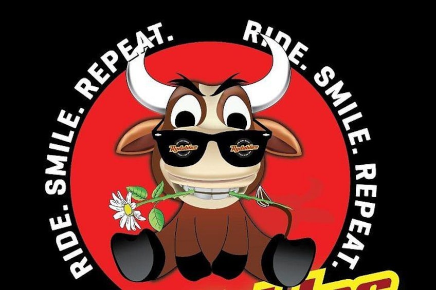 A cartoon bull with sunglasses and a flower, surrounded by the text 'RIDE. SMILE. REPEAT.' 2