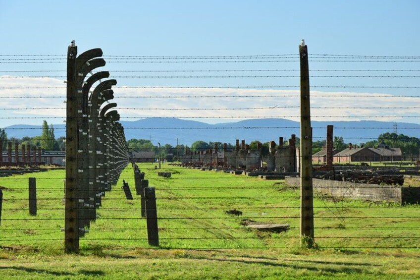 Une sculpture métallique dans un champ, avec des clôtures en fil de fer barbelé et des bâtiments industriels en arrière-plan. 1